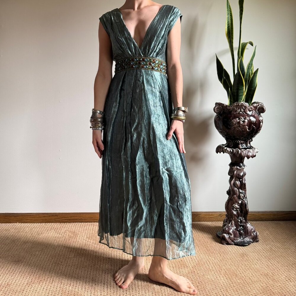 Maria Bianca Nero 100% Silk Metallic Teal Midi Maxi Dress S
